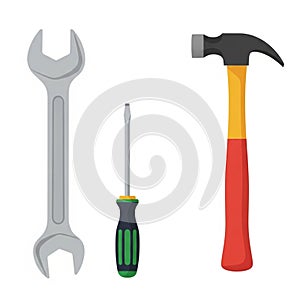 Illustration featuring three tools: an open-end wrench, a flathead screwdriver, and a