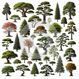 Variety of Tree Species Isolated on White Background Showcasing Unique Shapes and Foliage Patterns photo