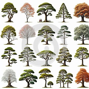 Variety of Tree Species Isolated on White Background Showcasing Unique Shapes and Foliage Patterns photo