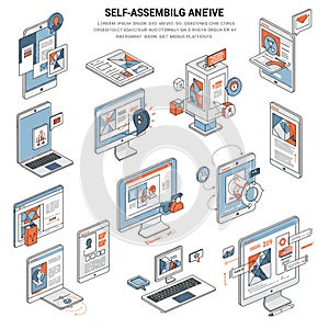 Illustration featuring various digital devices, like laptops, tablets,