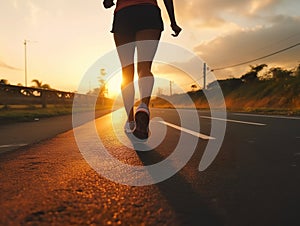 Illustration of feet in sports sneakers running on road at sunset.