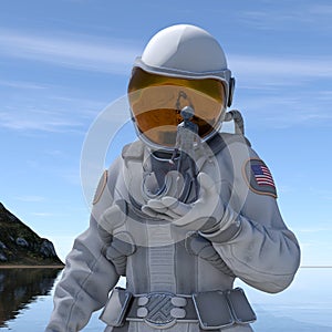 Illustration of a female astronaut holding a tiny gray alien in the palm of a gloved hand with ocean and sky in the background