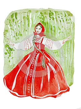 Illustration of female beauty portrait in Russian national dress: Beaded and embroidered shirt sundress