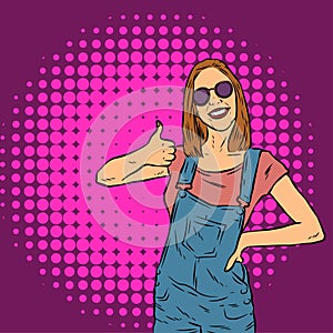 Illustration of a female in casual overall jeans outfit posing with hand gesture.