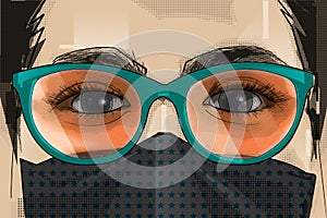 Illustration female close up eye with eyelash, vector art. Person portrait with sunglasses. Beauty face young woman. Abstract