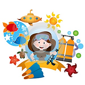 Illustration with a female diver. Clipart on the sea theme