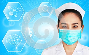 Illustration of female doctor isolated on blue background,brain and human body heal