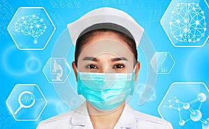 Illustration of female doctor isolated on blue background,brain and human body heal