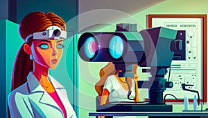 An illustration of female doctor looking through microscope. Generative AI