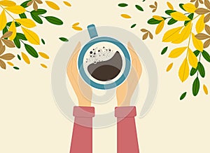 Illustration of female hands in a sweater holding a cup of coffee. There is a lot of autumn foliage nearby.