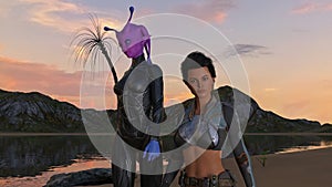 Illustration of a female human being with a tall female alien with mountains in the background