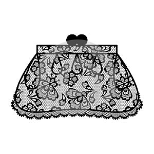 Illustration of female lacy handbag. Vintage lace background, floral ornament.