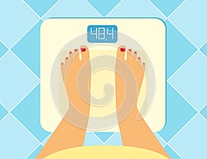 Illustration of female legs on the floor scales.  Vector weight watcher. The problem of excess weight, the concept of a healthy li