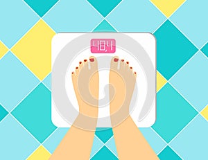 Illustration of female legs on the floor scales. Vector weight watcher. The problem of excess weight, the concept of a healthy li