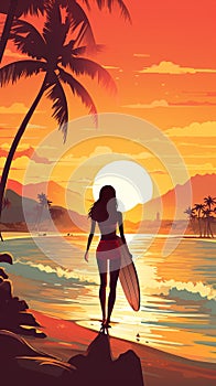 illustration of female surfer with surfboard at sunset, woman with surf board at beach, generative AI