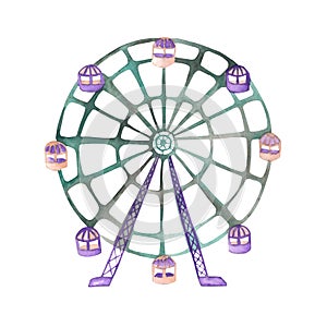 An illustration of a Ferris wheel painted in watercolor on a white background