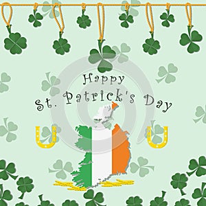 Illustration of festive background cover, for St. Patricks day holiday, clover leaves on a chain, map of Ireland and horseshoes