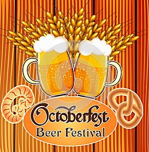 Illustration festive Oktoberfest poster with mugs of beer spikelets and pretzels
