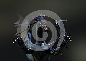 Illustration of a fierce black dragon with open mouth and teeth showing on a dark background