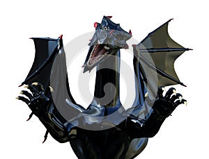 Illustration of a fierce black dragon with open mouth and teeth showing on a white background