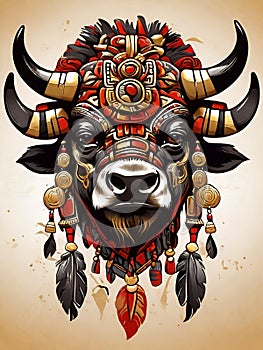 Illustration of the fierce bull face of an indigenous tribe,indigenous people, tribe. Ai generated.