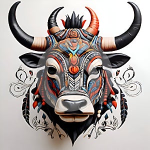 Illustration of the fierce bull face of an indigenous tribe,indigenous people, tribe. Ai generated.