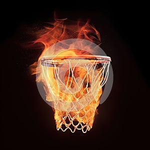 illustration of fiery basketball ball flying to hoop on black background