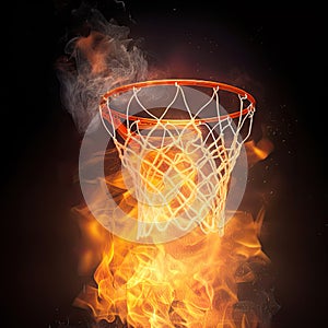illustration of fiery basketball ball flying to hoop on black background