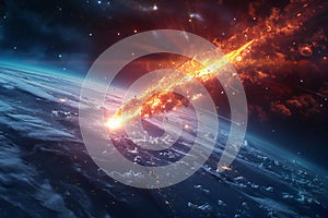 The fiery meteorite, resembling an exploding red fireball, falls towards the earth's surface in space.