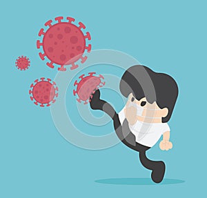 Illustration fight virus. cure corona virus Young businessman  kick covid-19