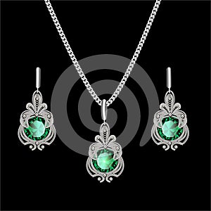 filigree silver jewelry set pendant on a chain and earrings with precious stones
