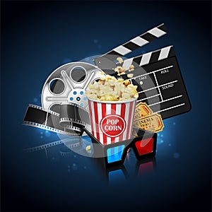 Illustration for the film industry. Popcorn, reel, film and clap