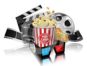 Illustration for the film industry. Popcorn, reel, film and clap