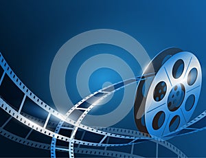 Illustration of a film stripe reel on shiny blue movie background