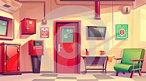 Illustration of a fire station rest room. Firefighter building interior with TV, poles, a table, a locker and a mug