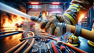 illustration of Firefighter\'s hands dousing blaze. generative Ai