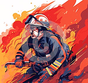 Illustration of a firefighter trying to put out a raging fire.