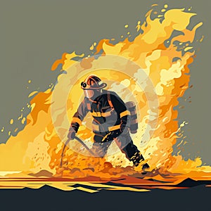 Illustration of a firefighter trying to put out a raging fire.