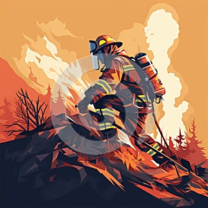 Illustration of a firefighter trying to put out a raging fire.