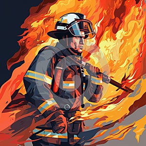 Illustration of a firefighter trying to put out a raging fire.