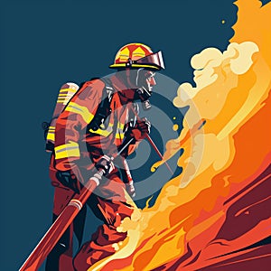 Illustration of a firefighter trying to put out a raging fire.