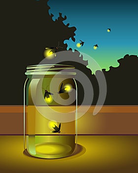 Illustration of fireflies escaping a glass jar