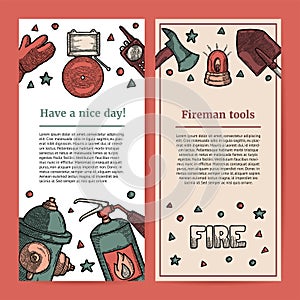 Illustration of fireman tools with copyspace. Template for an article or web banner with space for text and firefighter