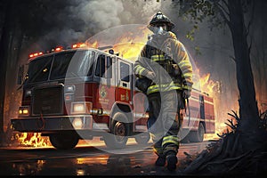 illustration, fireman at work fire truck background, ai generative