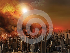 Illustration of a firestorm approaching a futuristic city