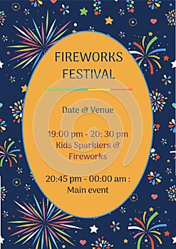 Illustration of fireworks festival, date, venue, timings, kids sparklers and fireworks, main event