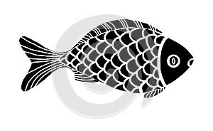 Illustration of a fish isolated on a white background. Printmaking style. Black color.