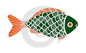 Illustration of a fish isolated on a white background. Printmaking style. Green, orange color.
