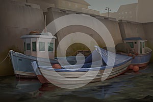 An illustration of the fishing boats at a small port under the overcasting sky