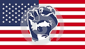 Illustration - The fist icon and the US Stars and Stripes Flag. Protest sign for justice and human rights and BLM